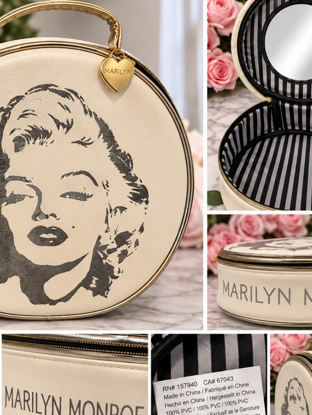 Marilyn Monroe Cream Round Cosmetic Case with Black Portrait and Gold Trim